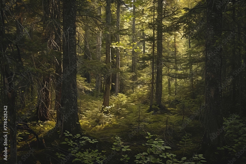 A dense forest scene where dappled sunlight plays hide and seek among the trees, casting shadows on a hidden figure. The use of natural elements and concealment draws inspiration from the wilderness.