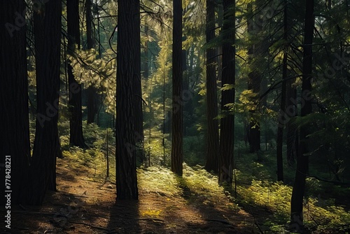 A dense forest scene where dappled sunlight plays hide and seek among the trees, casting shadows on a hidden figure. The use of natural elements and concealment draws inspiration from the wilderness. © Oskar Reschke