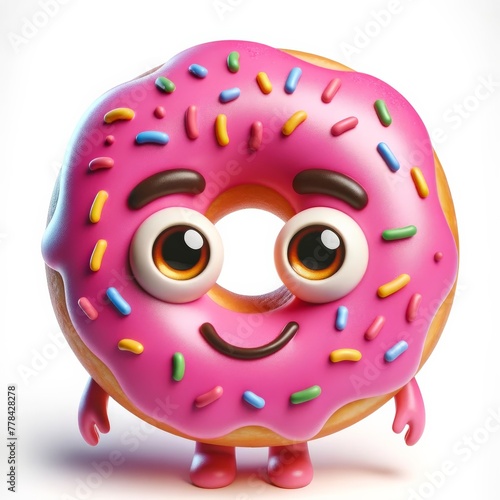 A charming cartoon doughnut character with vibrant pink frosting and colorful sprinkles, positioned on a stark white background. 