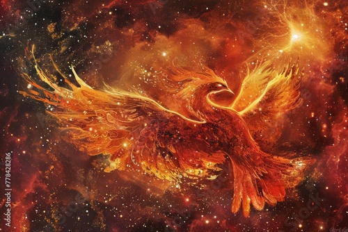 Phoenix rising from ashes against a cosmic backdrop. The mythical bird symbolizes rebirth and the opportunity to start afresh. The fiery feathers are intricately designed with warm tones.