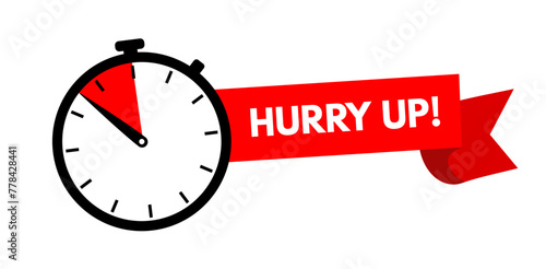 Hurry up! Clock with red ribbon, stopwatch, last chance, running out time vector illustration photo