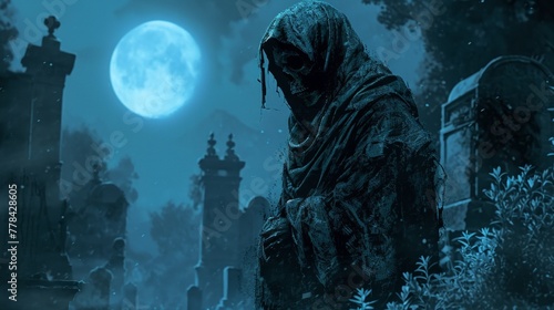 Grim reaper figure, cloaked in tattered shadows, standing in a moonlit cemetery. The skeletal face is partially obscured by a hood, and the composition is dominated by deep, cold blues and blacks. photo
