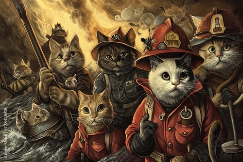 Group of firefighter cats working together to prevent a disaster, showcasing them in various emergency roles.