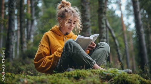 Young Girl Reading Book in Forest