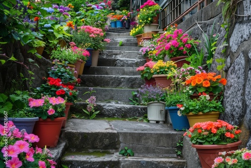 Wallpaper Mural Stairway to Spring: Colorful Flower Pots Adorning City Steps in a Vibrant Urban Garden Torontodigital.ca