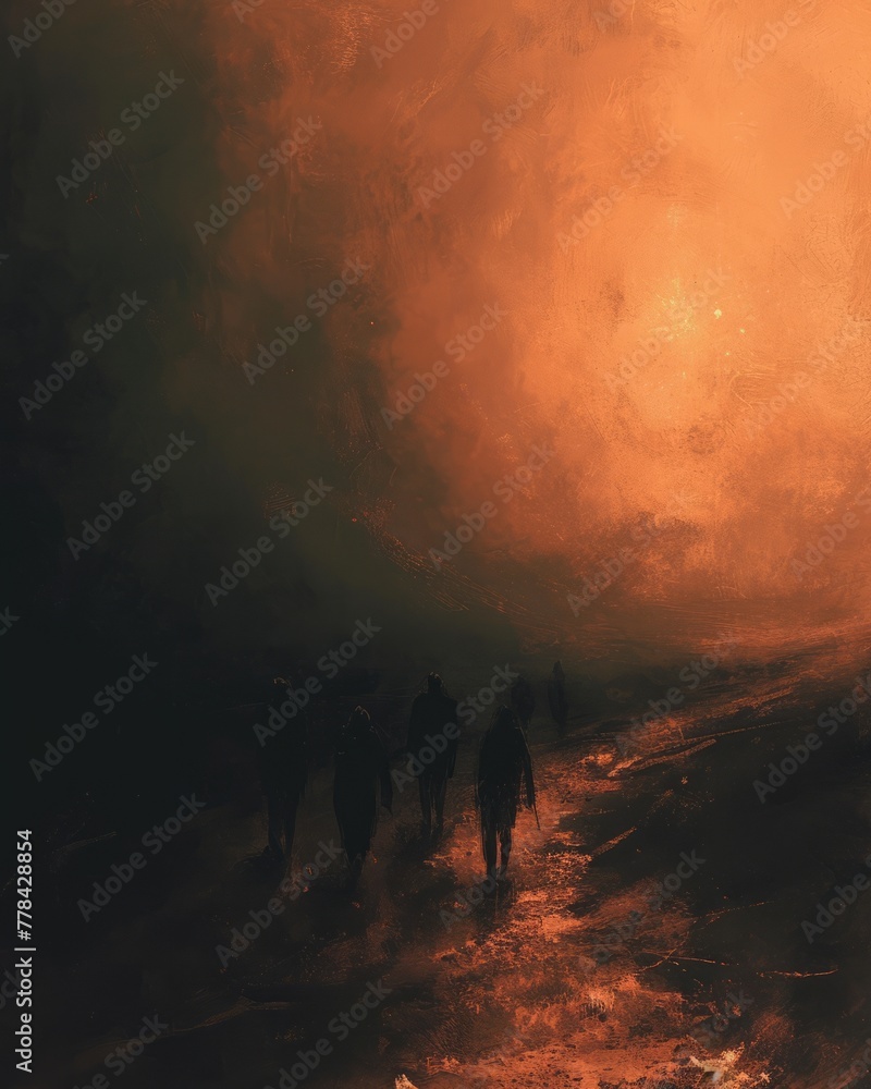 Fototapeta premium Group of individuals walking along a dimly lit trail, surrounded by the encroaching darkness. The use of warm tones on the horizon and subtle highlights on the characters conveys a sense of urgency.
