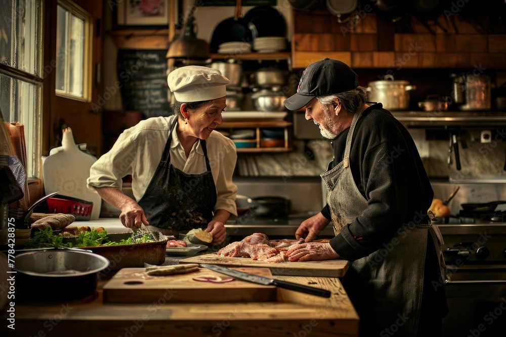 Chef trading places with a customer in a cooking class. The composition emphasizes the lighthearted and educational aspects of the exchange. The color palette is warm and inviting, enhancing the sense Chef trading places with a customer in a cooking class. The composition emphasizes the lighthearted and educational aspects of the exchange. The color palette is warm and inviting, enhancing the sense