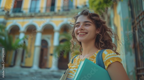 Woman Smiling With Book in Front of Building