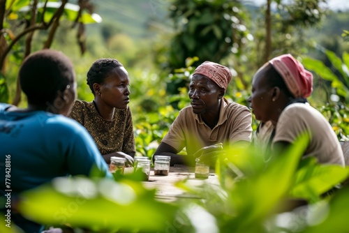 Fair trade cooperative meeting, with diverse farmers discussing their sustainable practices. The image reflects the collaborative spirit and community-building aspect of fair trade. Natural light.  photo