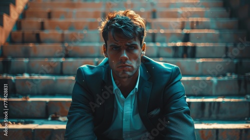 Businessman in Suit Sitting on Steps