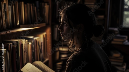 Moment of introspection, with a person deep in thought, surrounded by books and dim lighting.