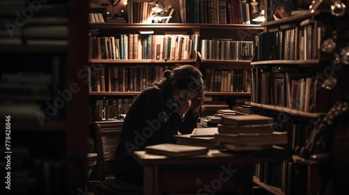 Moment of introspection, with a person deep in thought, surrounded by books and dim lighting.