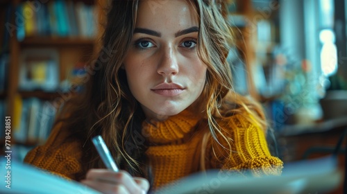 Woman Writing in Book With Pen