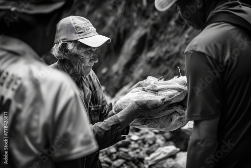 Volunteer extending a helping hand to someone in need, such as distributing food or aiding in disaster relief. The image conveys a sense of empathy and community, with authentic expressions. © Oskar Reschke
