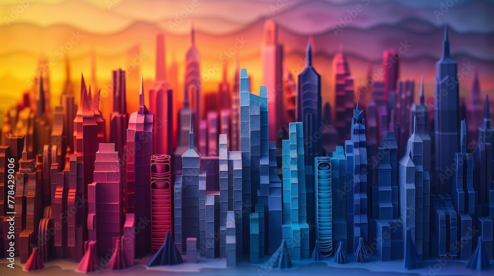 City Skyline at Sunset: Quilling Paper Art with Neon Gradients.