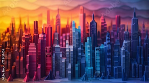 City Skyline at Sunset  Quilling Paper Art with Neon Gradients.