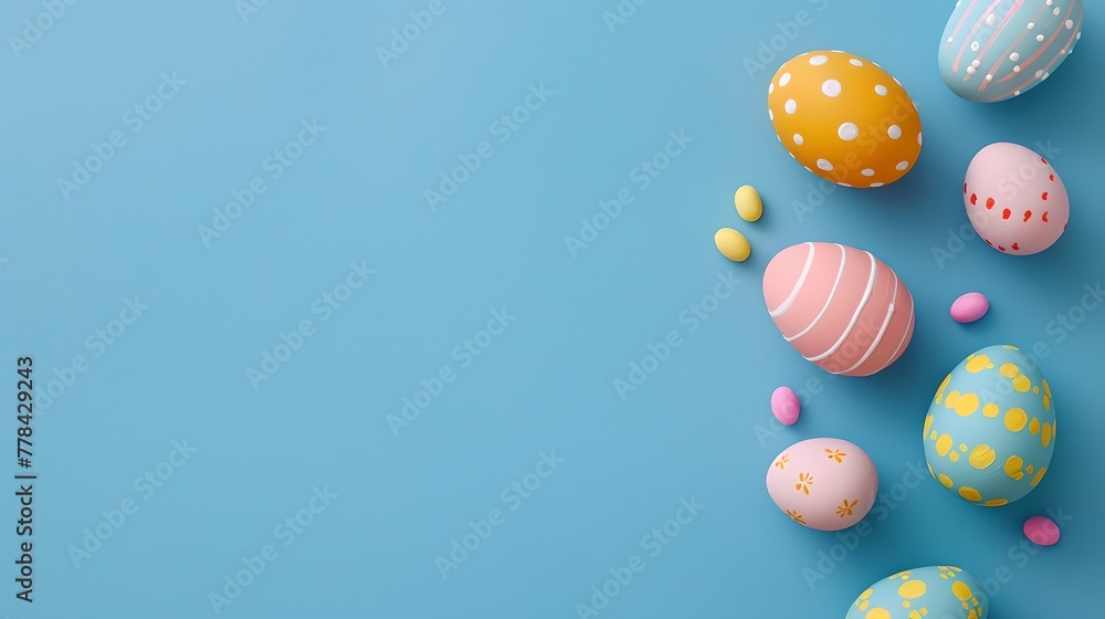 Colorful Easter Eggs on a Blue Background. Celebrate Spring with Festive Decorations. Ideal for Greeting Cards and Invitations. AI