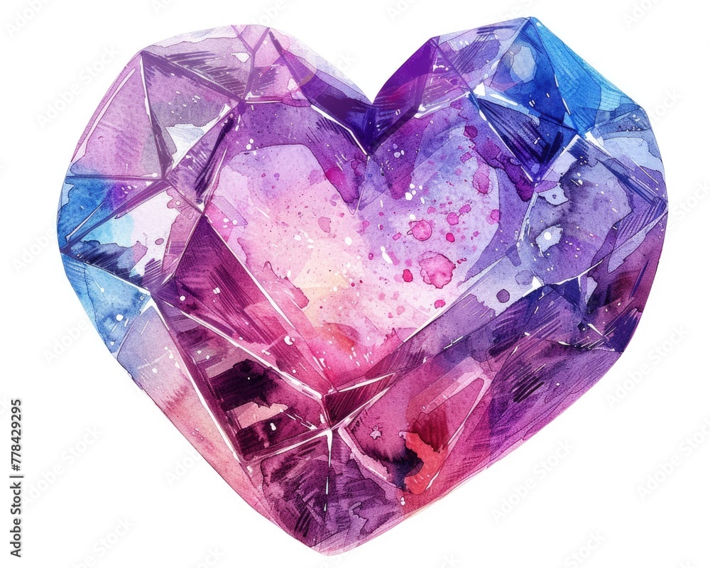 Crystal Heart Watercolor Painting - Abstract and Romantic Heart-Shaped Crystal Isolated on White Background. Beautiful Art for Decoration, Illustration or Magic Design in Polygon Style Crystal Heart Watercolor Painting - Abstract and Romantic Heart-Shaped Crystal Isolated on White Background. Beautiful Art for Decoration, Illustration or Magic Design in Polygon Style
