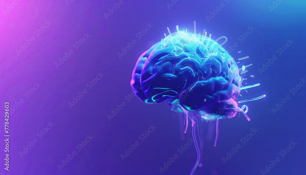 Dynamic 3D Brain, Neon Lines Illuminate Neural Network Connections. Dynamic 3D Brain, Neon Lines Illuminate Neural Network Connections.