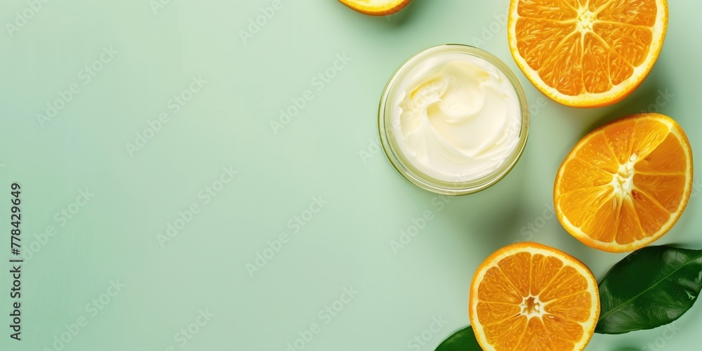 Jar of face cream and oranges on green background with blank space for text, top view, Jar of face cream and oranges on green background with blank space for text, top view,