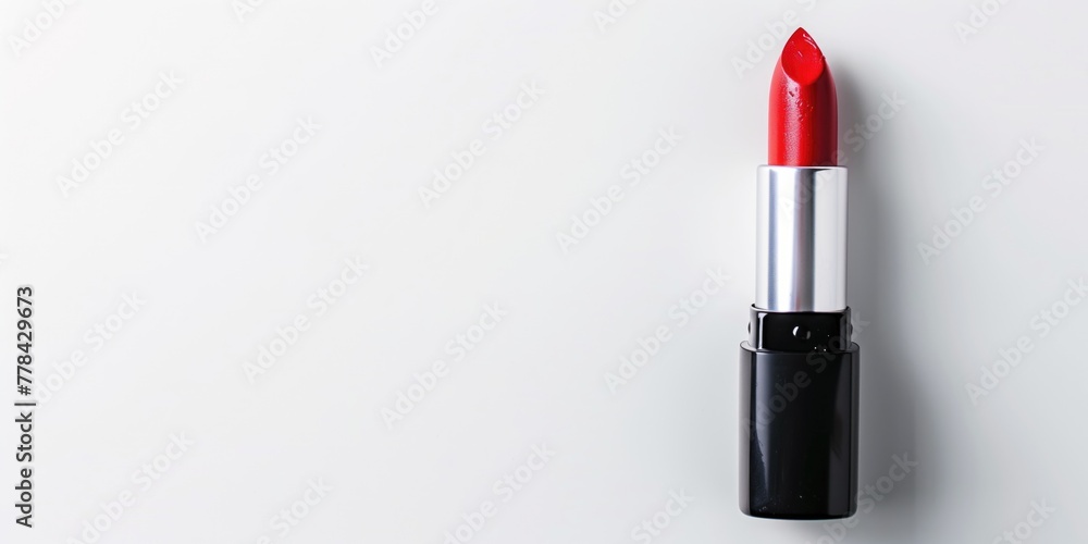 Obraz premium a red lipstick against white background with copy space, overhead view