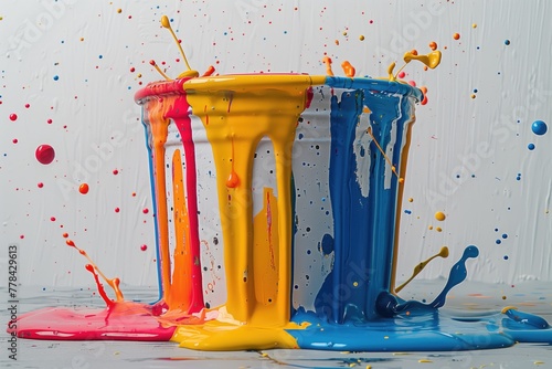 A bucket full of paint in front of a white house facade, with bold colors being poured onto the facade, featuring splashes and droplets of paint sticking to it photo