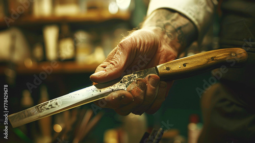 A close-up of a barber's hand holding a straight razor, poised expertly for a precise shave. 8K