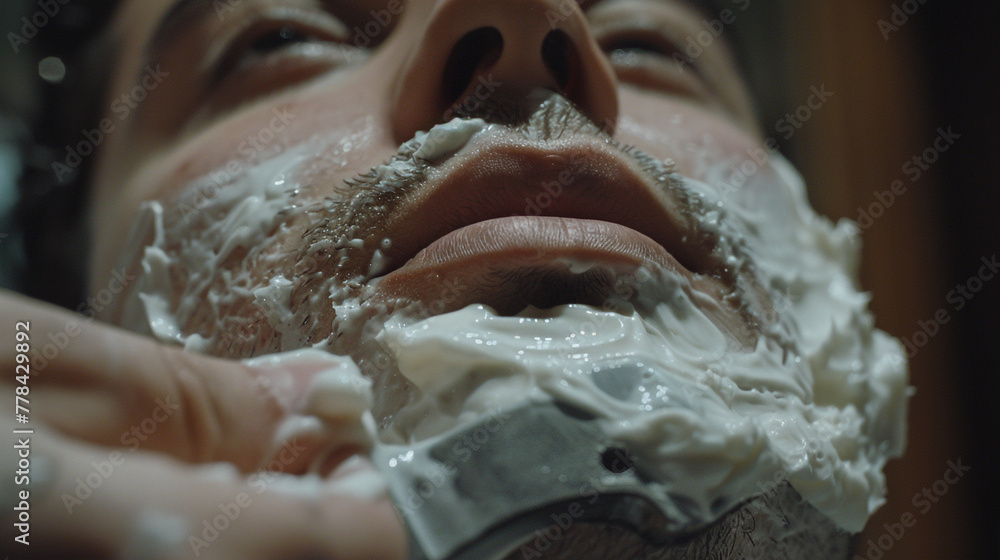 A close-up of a barber's hand lathering shaving cream onto a customer's face, showcasing the artistry of traditional grooming. 8K