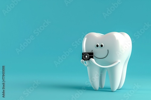 Illustration 3d healthy white tooth with camera on blue background  copy space  3D