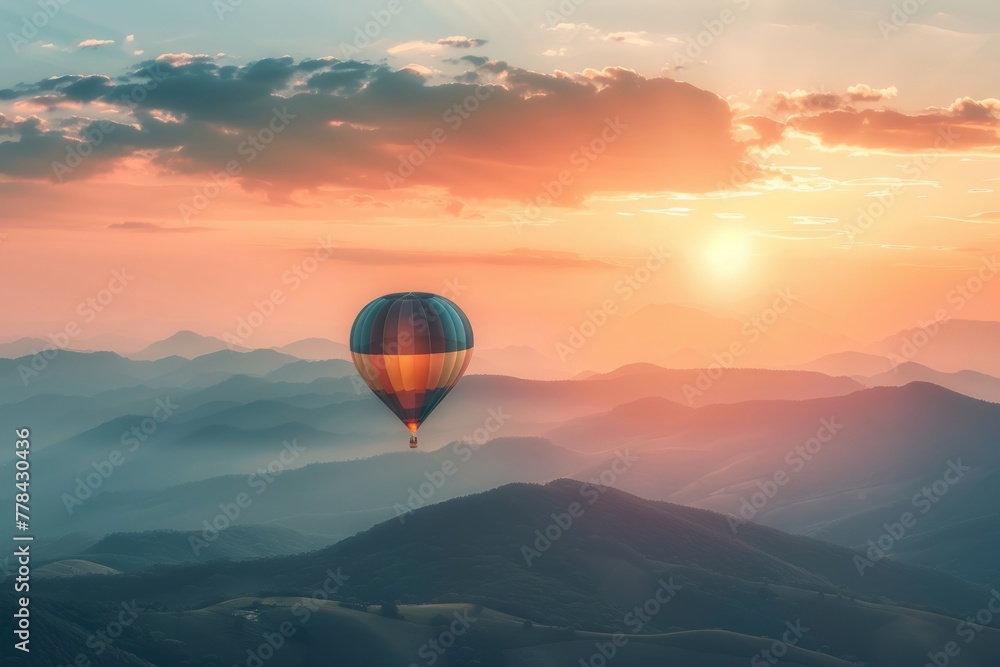 Obraz premium Fly Higher with Inspirational Landscape: Stunning Mountain Aerial View with Hot Air Balloon as Travel Destination