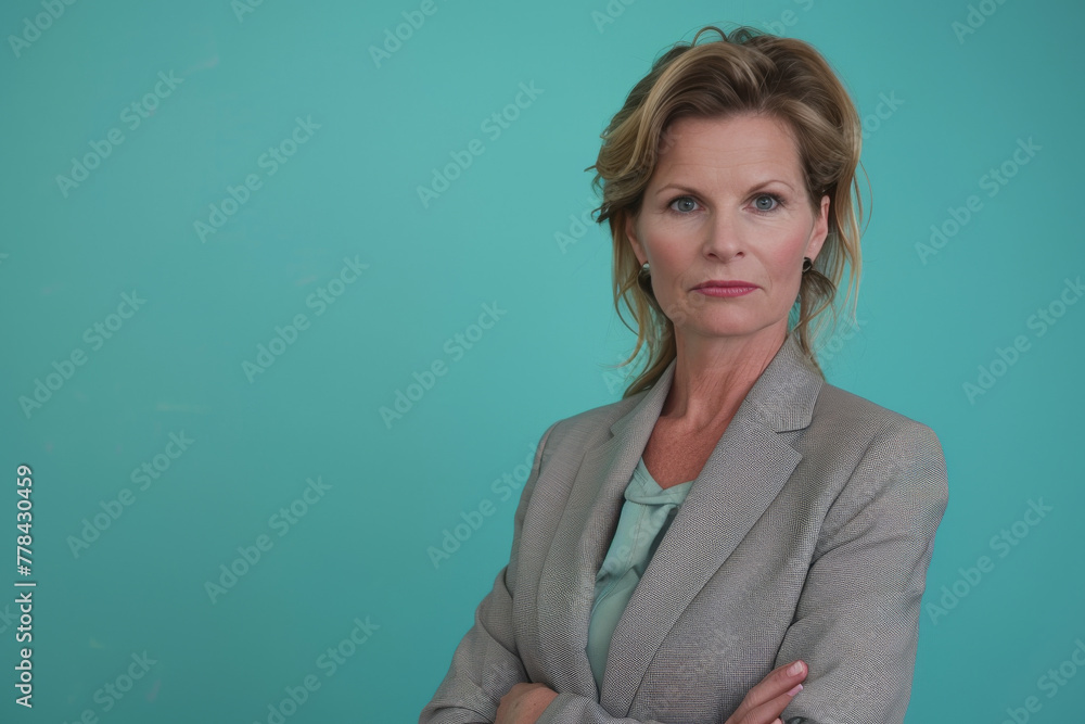 A woman in a suit stands with her arms crossed A woman in a suit stands with her arms crossed