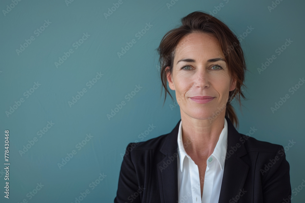 A woman in a black jacket and white shirt smiles for the camera A woman in a black jacket and white shirt smiles for the camera