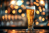 Golden Beer Glass on Bar with Bokeh Background