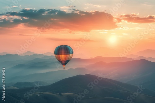 Fly Higher with Inspirational Landscape: Stunning Mountain Aerial View with Hot Air Balloon as Travel Destination © Web