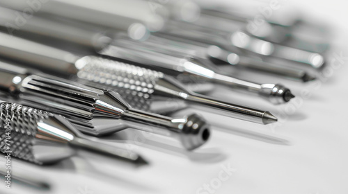 A close-up of a set of precision screwdrivers, each with a different head, arranged neatly on a white surface, ready for delicate tasks. 8K