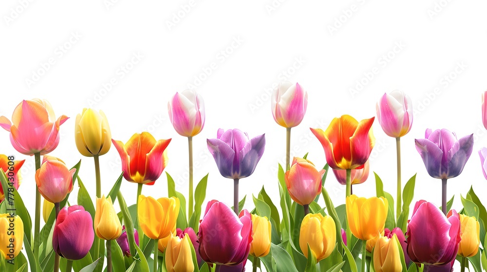 Colorful tulips on white background, perfect for spring. Bright flowers in bloom. Ideal for cards, decoration, and backgrounds. AI