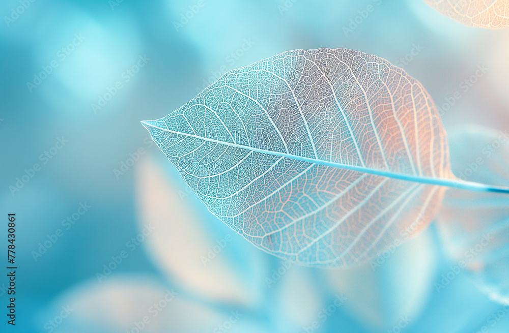 Delicate Skeleton Leaf on Blue Bokeh Background, Macro Photography Delicate Skeleton Leaf on Blue Bokeh Background, Macro Photography