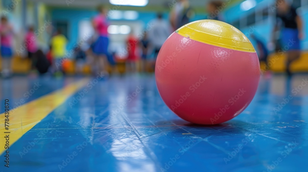 A close view of a soft, colorful dodgeball against the gymnasium floor with players in action blurred in the background, showcasing the fun and teamwork of dodgeball - obrazy, fototapety, plakaty 