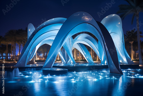 Bridge of Peace bow-shaped pedestrian bridge over the river blue neon light at night view photo