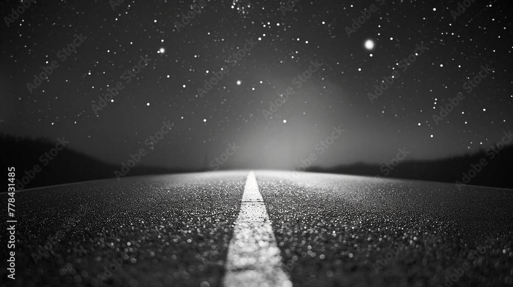 Naklejka premium Serene Night Sky Landscape with Bright Stars at the End of a Rural Road, Perfect for Astronomy or Travel Concepts of Exploring the Universe.