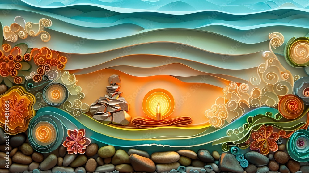 Meditative Space: Quilling Paper Art with Comfortable Cushion, Calming Incense, and Ambient Lighting.