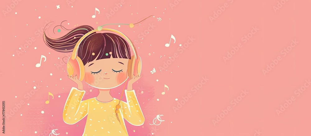 A happy girl with bangs wearing headphones is listening to music with a cartoonstyle face on a magenta background A happy girl with bangs wearing headphones is listening to music with a cartoonstyle face on a magenta background