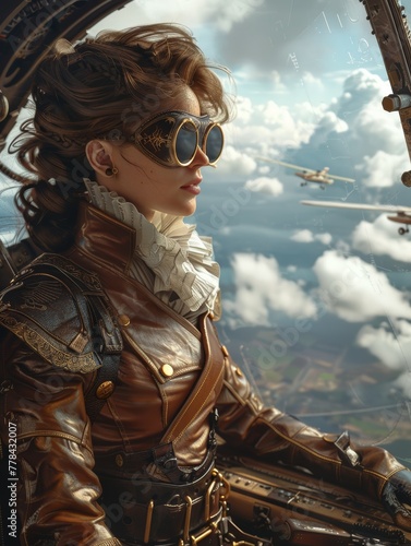 Aviator Woman Piloting Biplane with Squadron
