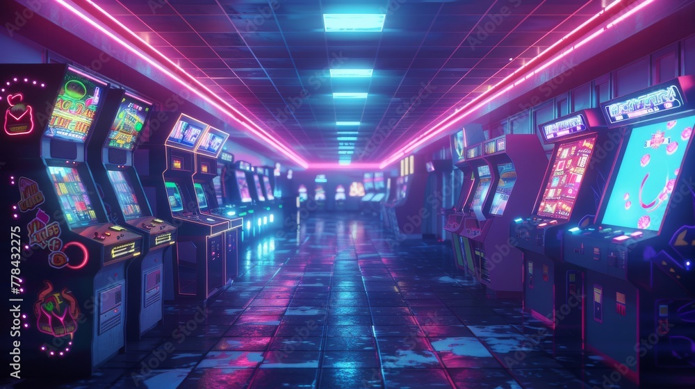 Retro-Futuristic 3D Arcade with '80s neon aesthetics