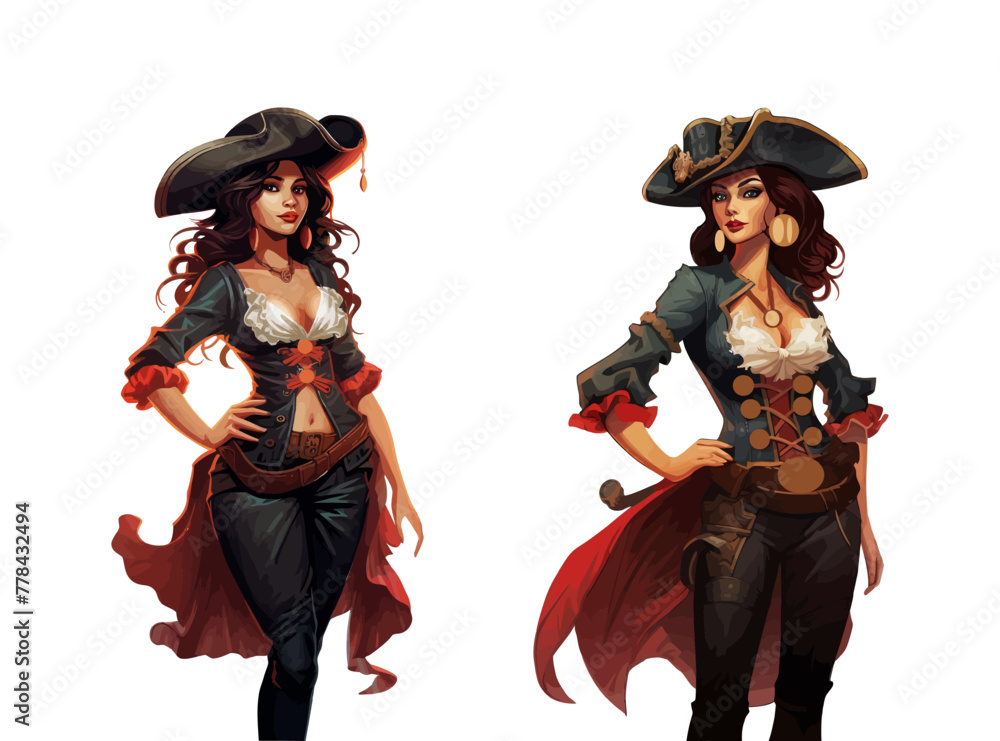Two women dressed in pirate costumes standing side by side.