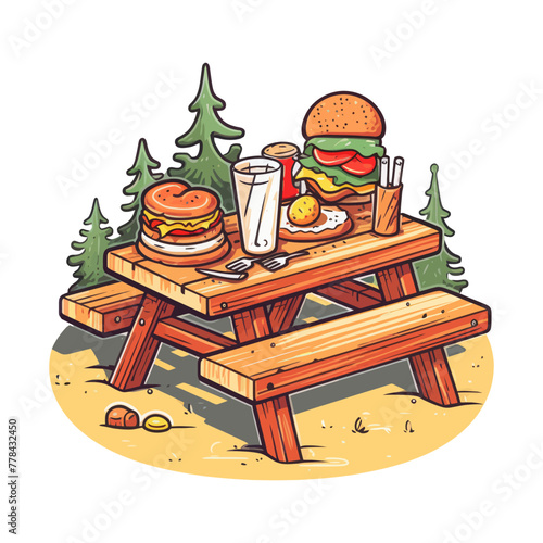 A hamburger and a drink on a picnic table.