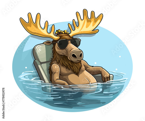 A moose sitting on a chair placed in the water.