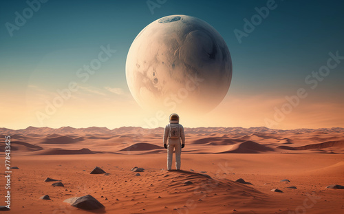 astronaut standing on the surface of the moon, Back view of astronaut with moon in the outer space background. People and Science technology concept © ammad