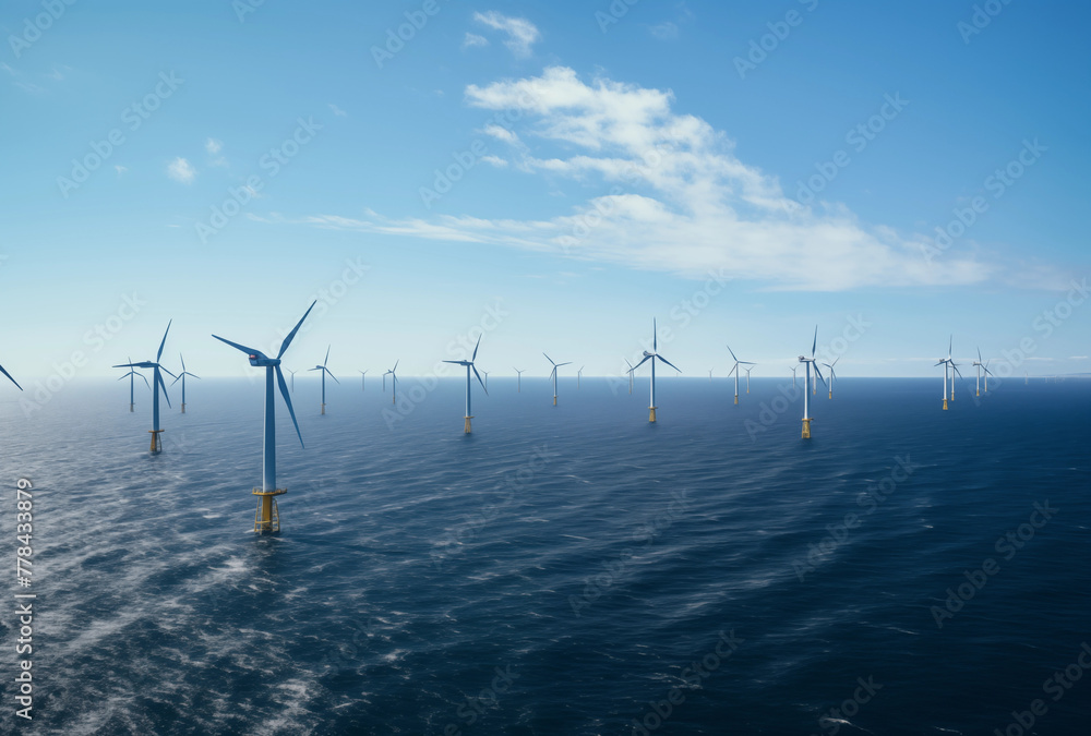 Offshore Windmill farm in the ocean with clouds and a blue sky, energy power production concept Offshore Windmill farm in the ocean with clouds and a blue sky, energy power production concept