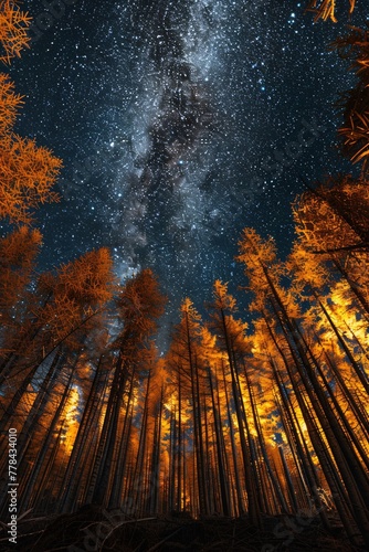 a starry sky above a forest of trees photo